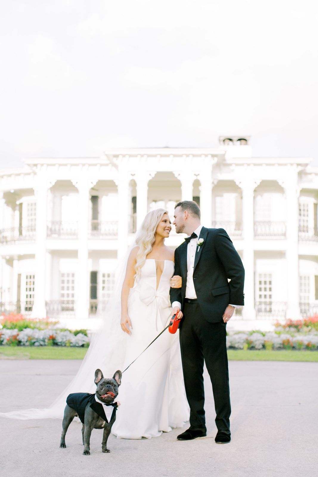 Alexa and Brian portrait with their dog at sunset